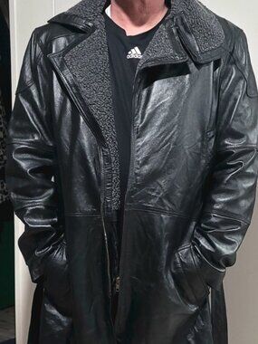 Sourock Mens Leather Trench Coat Jacket Size XL Black Sherpa Lined Full Zip